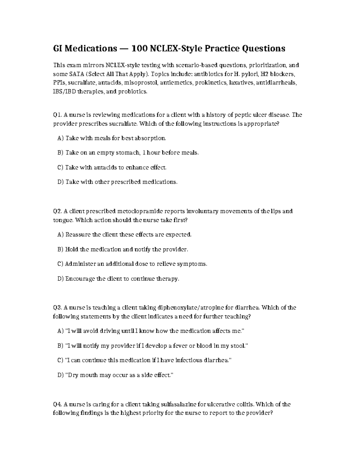 GI Medications NCLEX: 100 Practice Questions for Exam Prep - Studocu