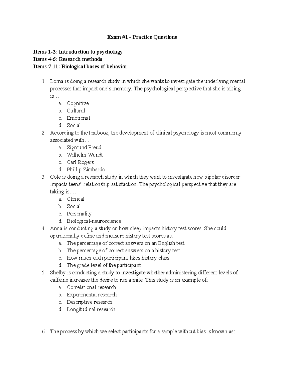 Psych 101 - Exam #1 Practice Questions and Answers - Studocu