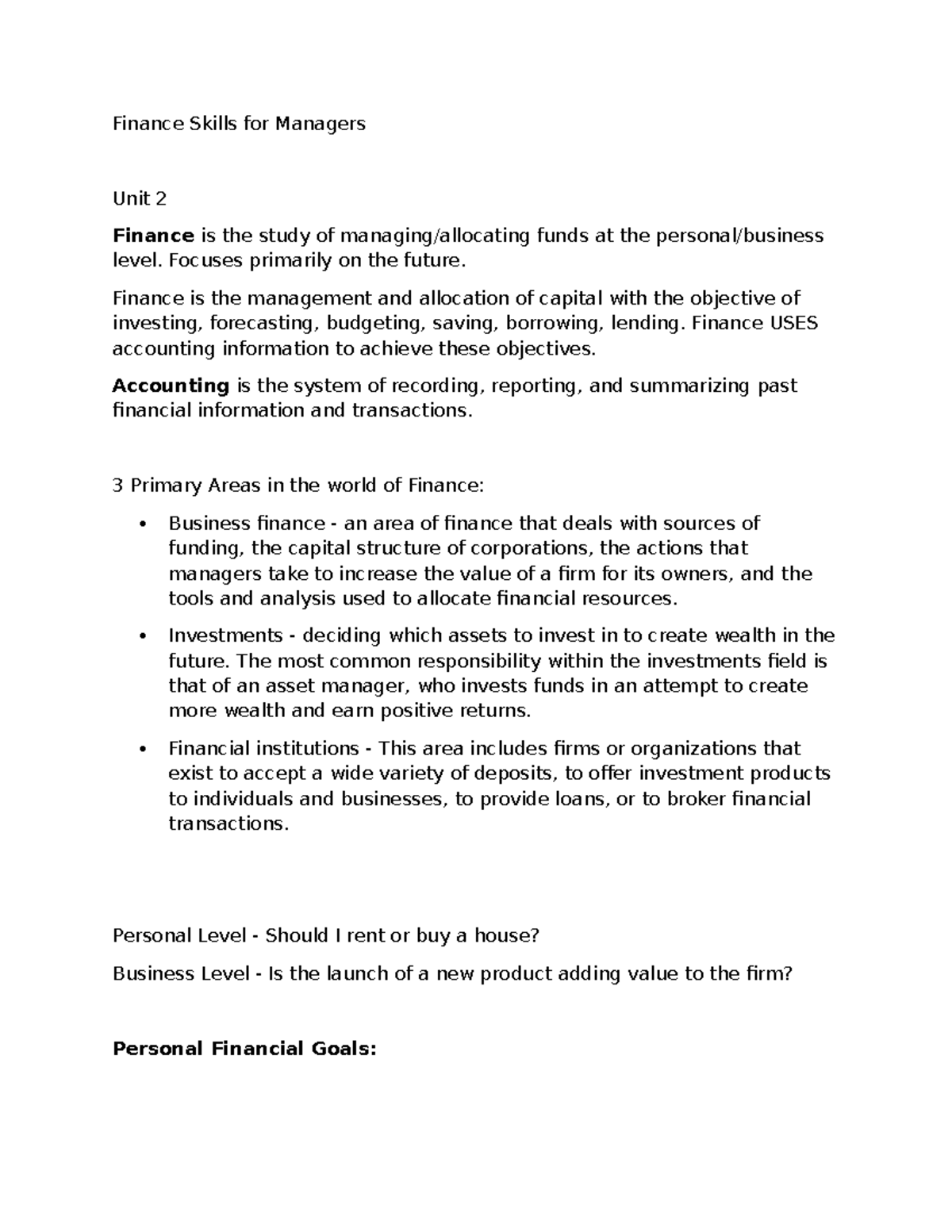 Finance Skills for Managers: Unit 2 Overview and Key Concepts - Studocu