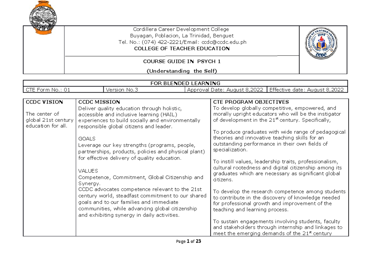 Course Guide for PSYCH 1: Understanding the Self - CCDC - Studocu