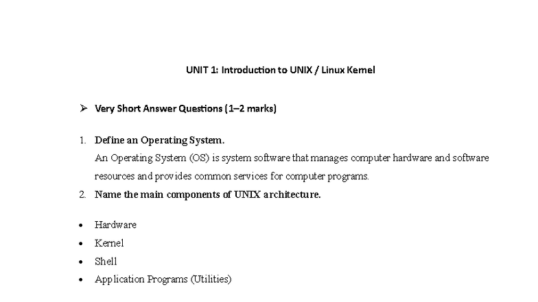 UNIT 1: UNIX/Linux Kernel Overview - Very Short Answer Questions - Studocu