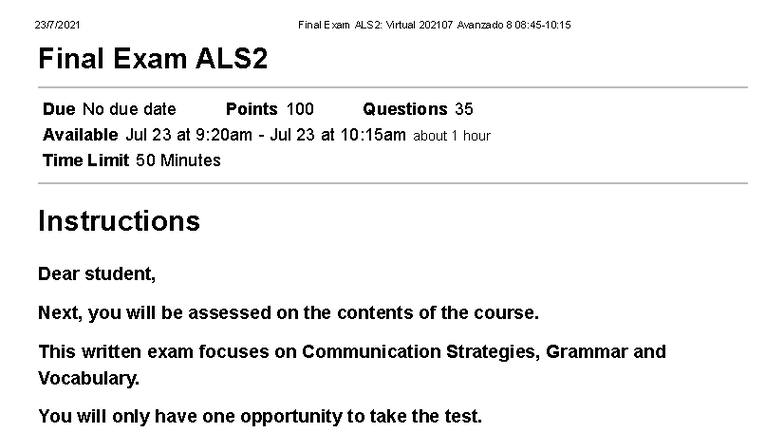 Final Exam ALS2: Virtual 202107 - Communication Strategies & Grammar ...