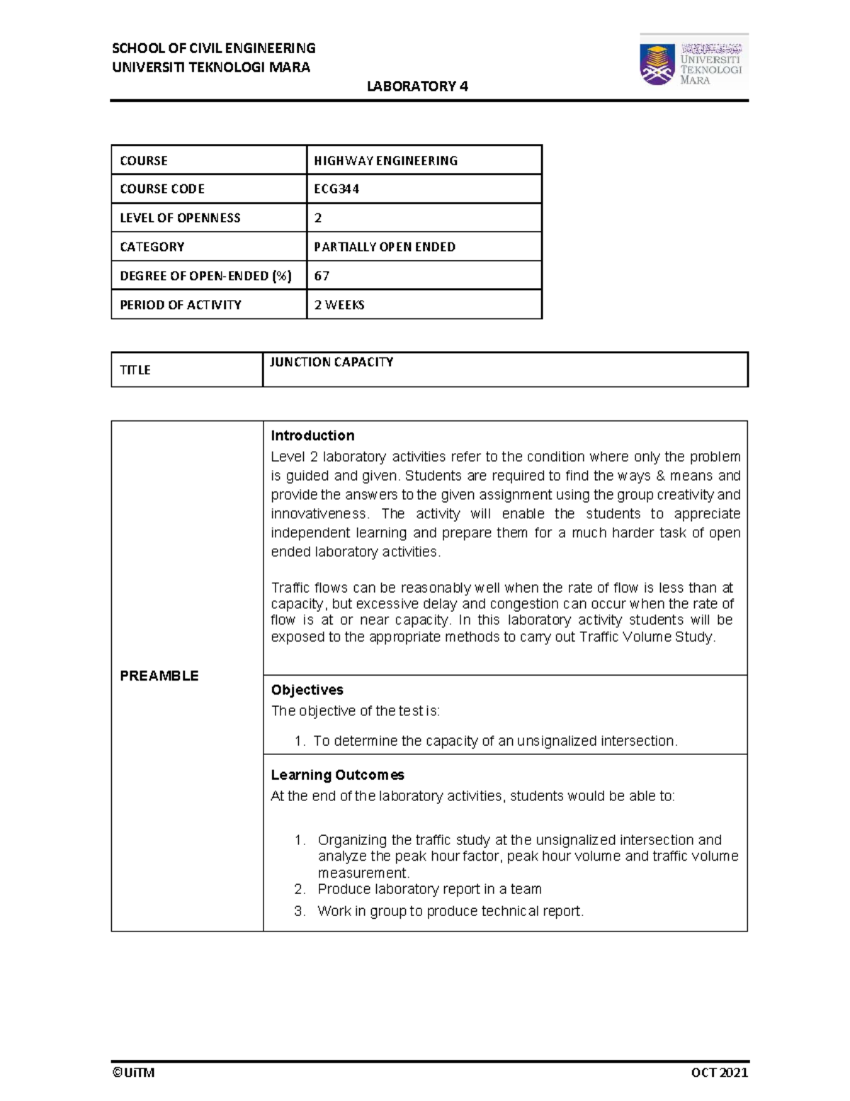 Junction Capacity Study - Laboratory 4 (ECG) for Highway Engineering ...