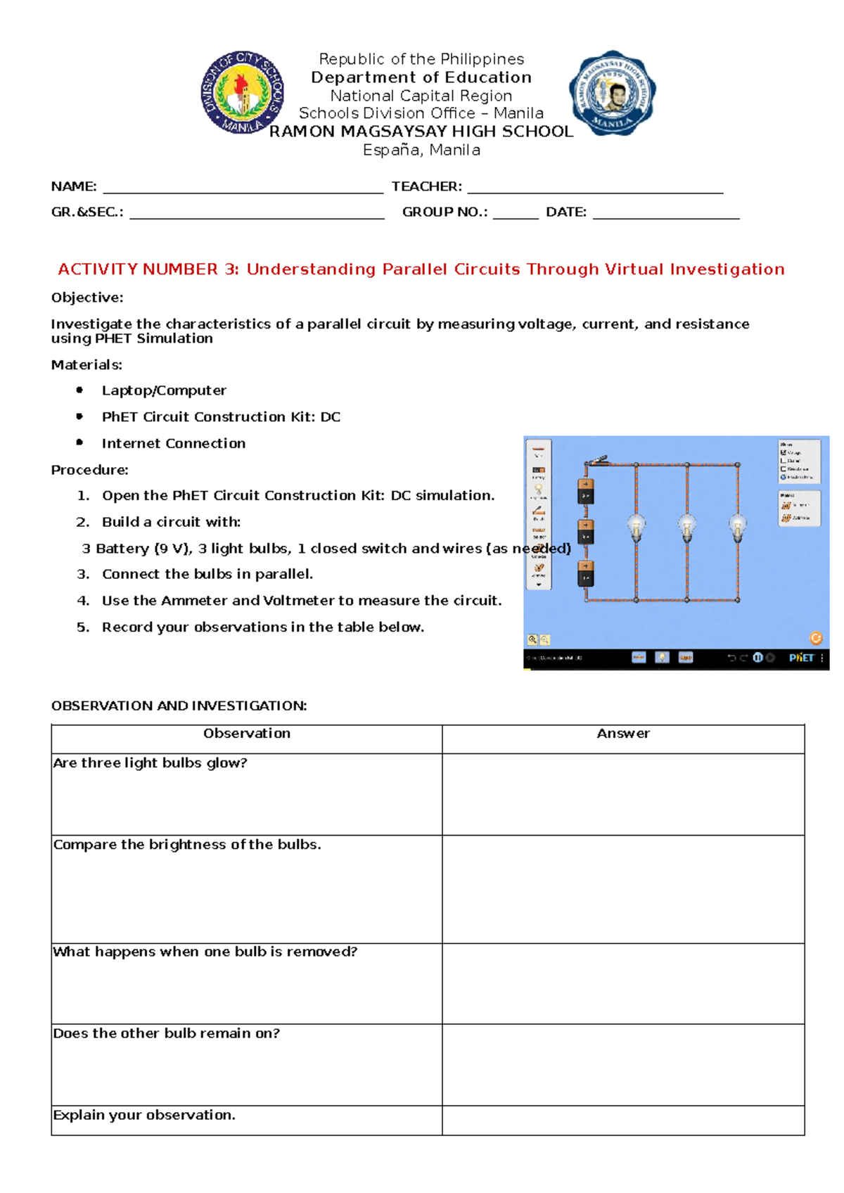 Understanding Parallel Circuits: Virtual Investigation Activity (13 ...