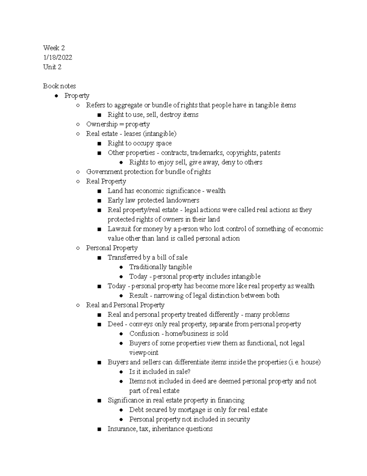 2250 Week 2 Unit 2 Notes - Week 2 1/18/ Unit 2 Book notes Property ...