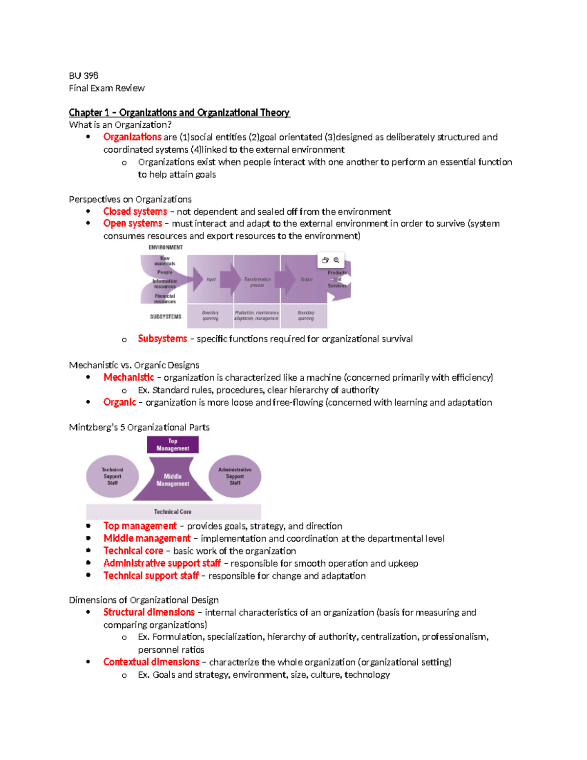 BU 398 - Final Exam Comprehensive Study Notes on Organizational Theory ...
