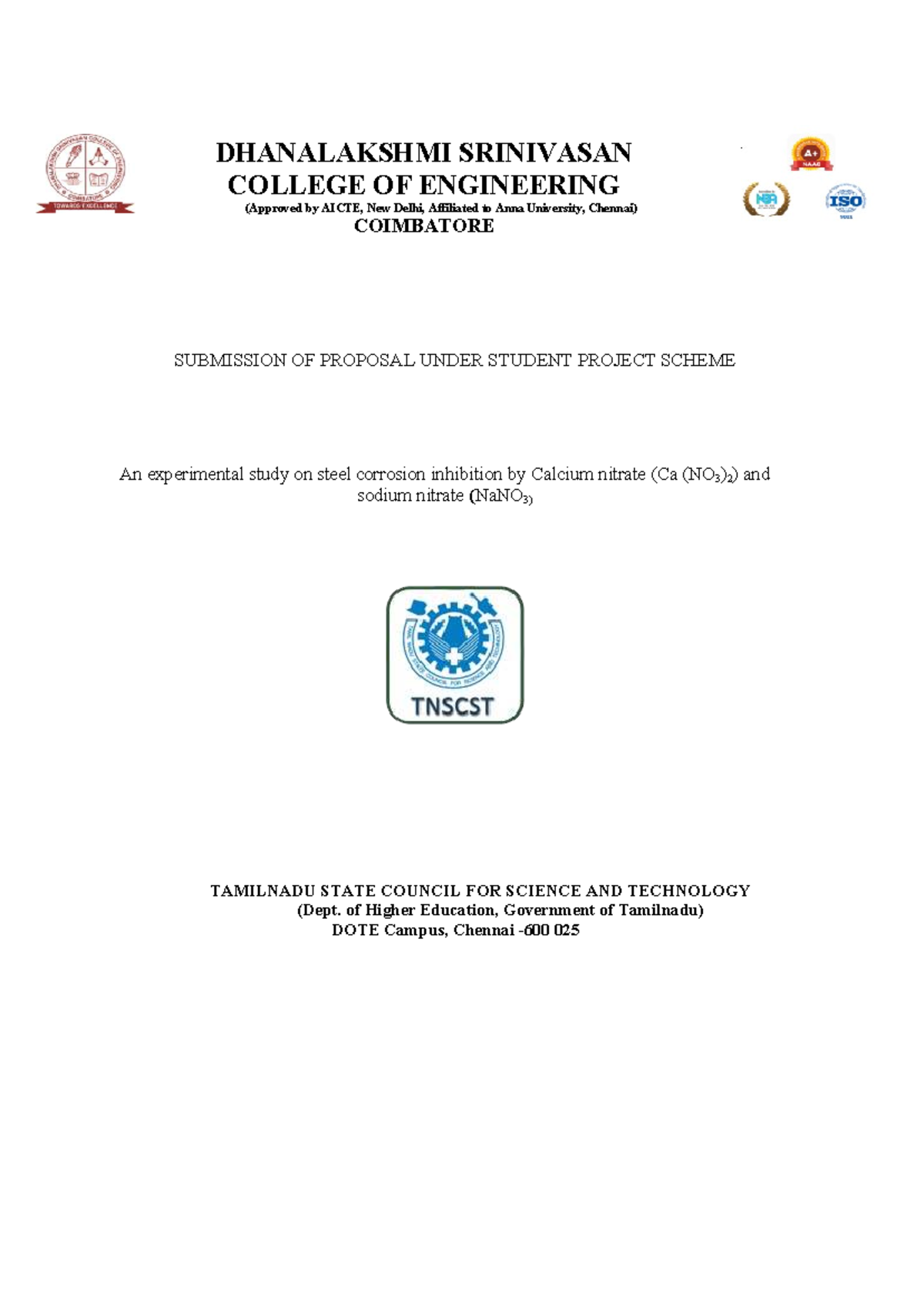 TNSCST Project Proposal: Steel Corrosion Inhibition Study - Studocu