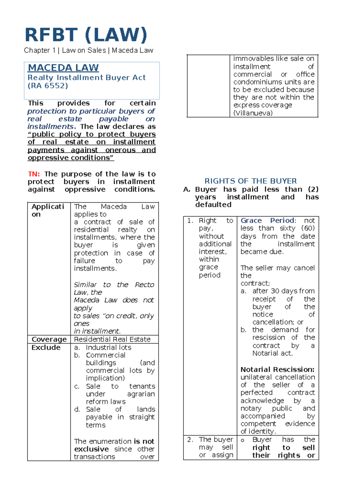 Maceda Law (RA 6552) - Key Notes on Realty Installment Buyers - Studocu