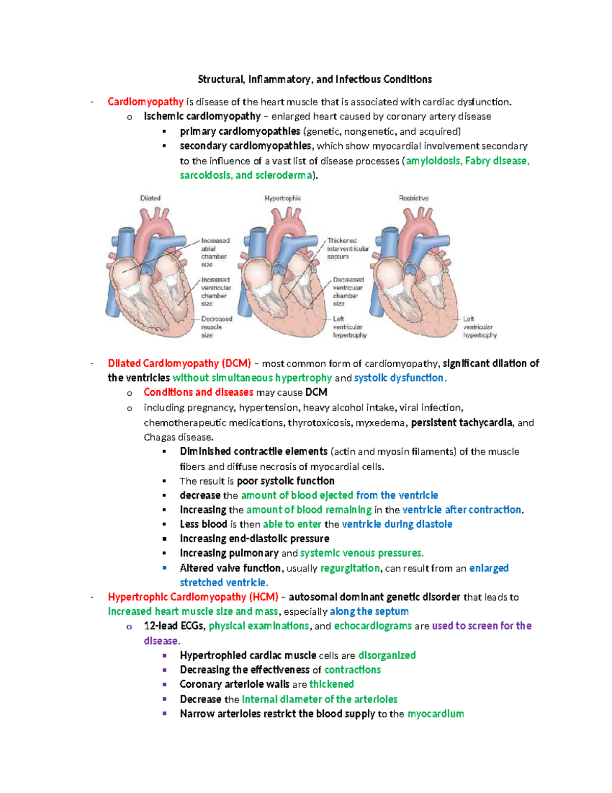 Cardiomyopathy and Heart Infections: Week 3 Lecture Notes (MED 101 ...