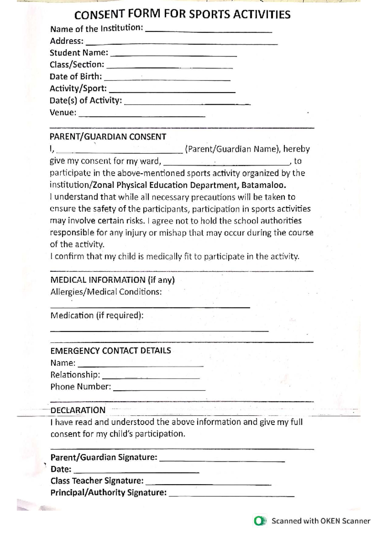 Consent Form for Sports Activities - [Institution Name] - Studocu