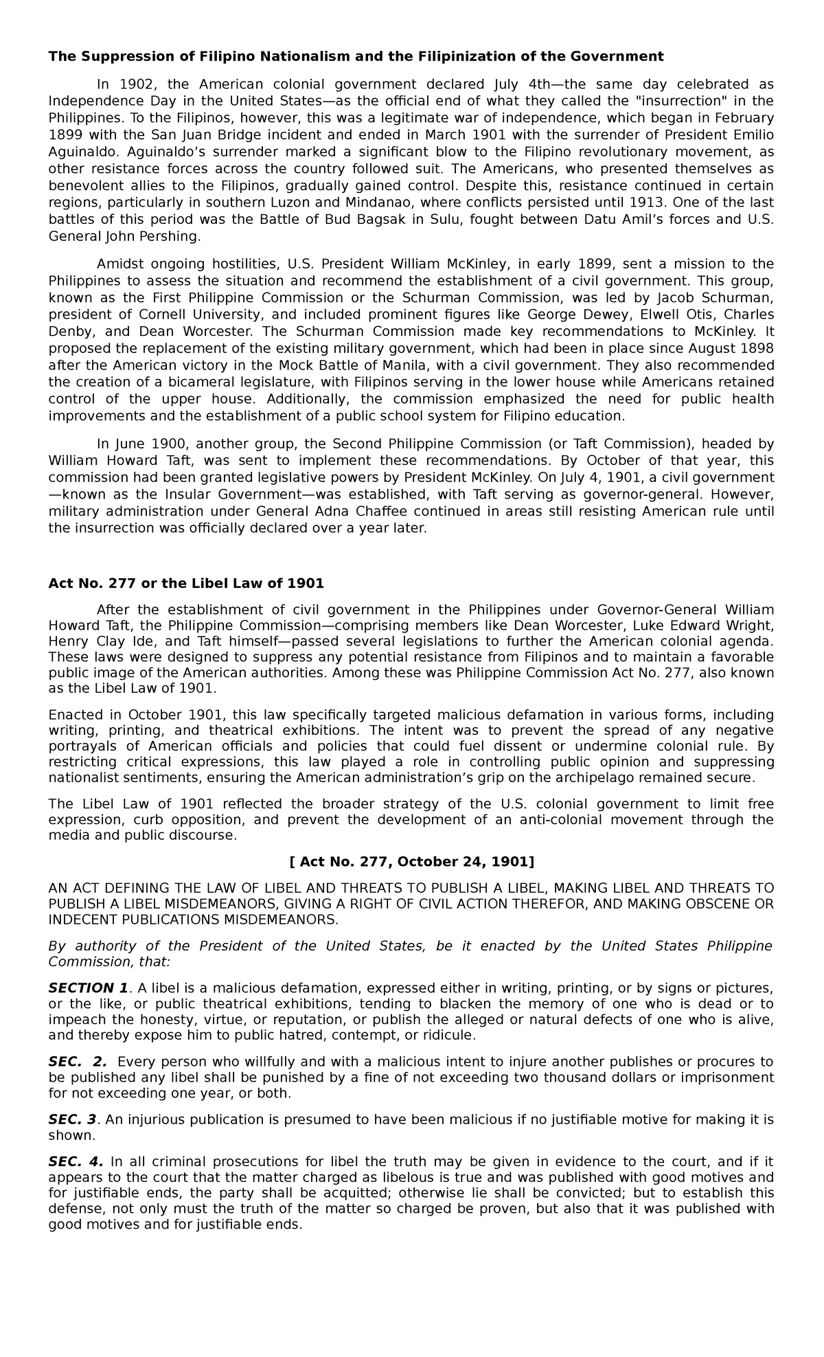 Filipino Nationalism Suppressed: The Role of the 1901 Libel Law - Studocu