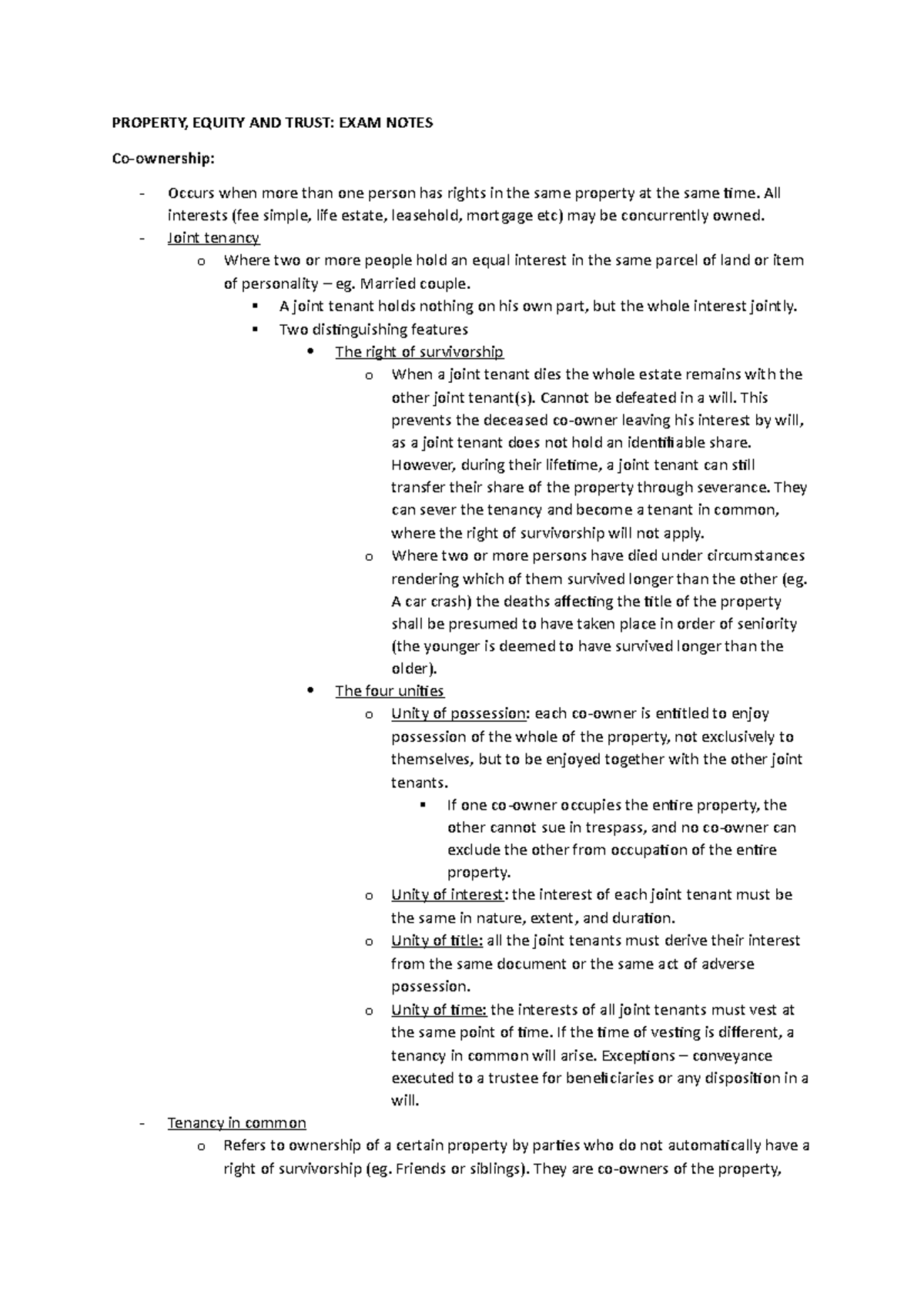 Property, Equity & Trusts Exam Notes - Key Concepts & Principles - Studocu