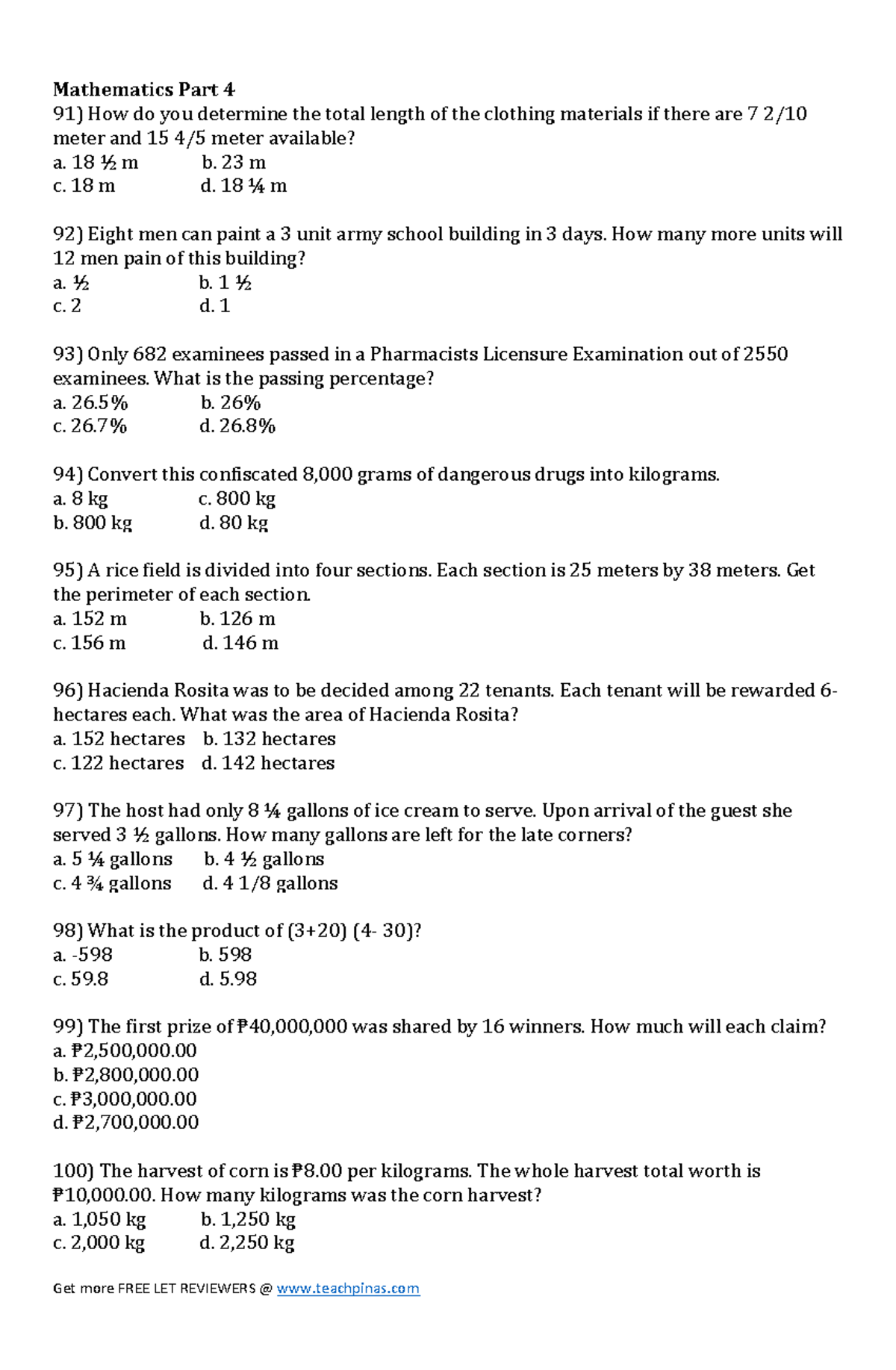 LET Mathematics Part 4 Actual Exam Questions & Answers - Studocu