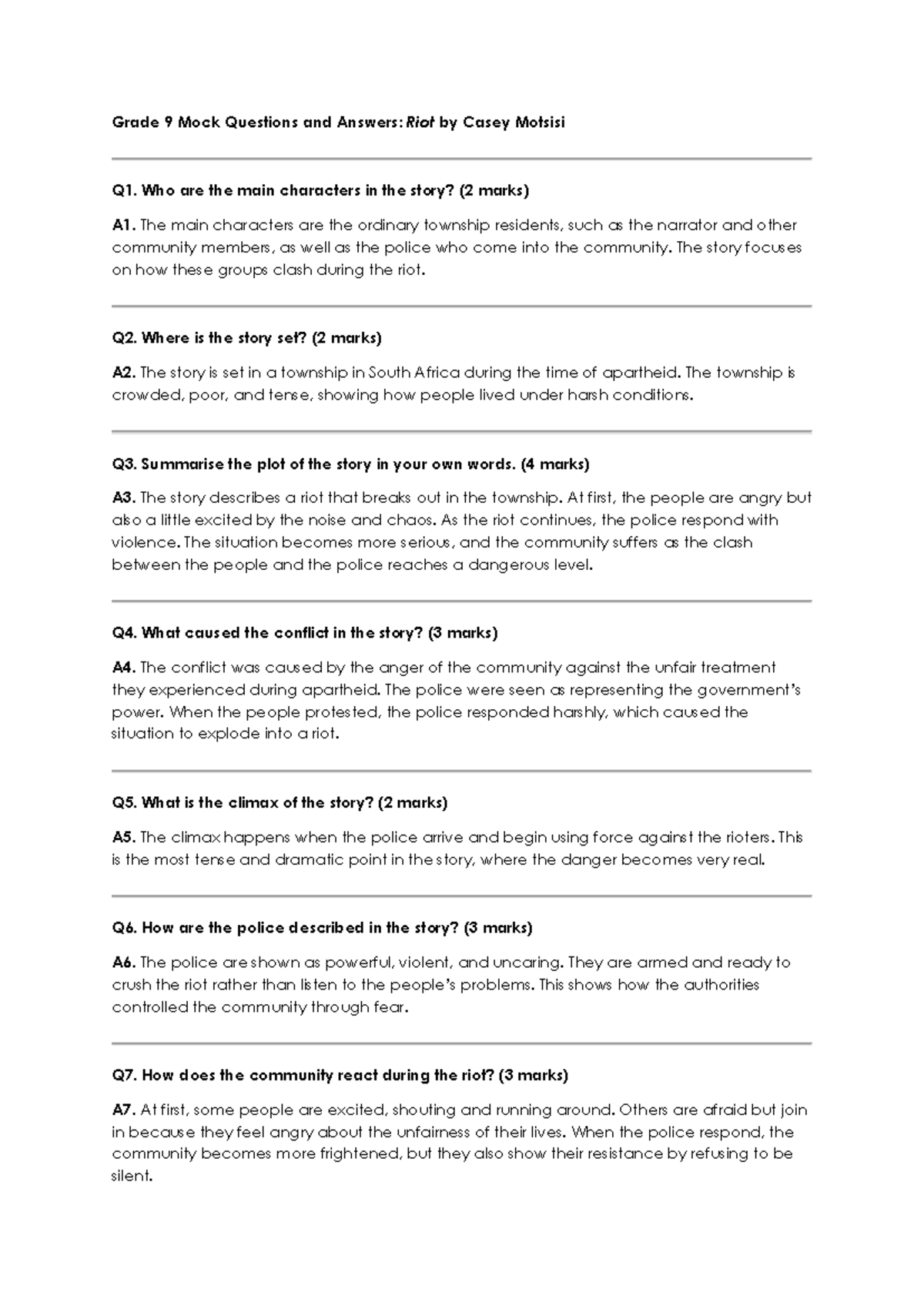 Grade 9 Mock Exam: Riot Q&A by Casey Motsisi - Studocu