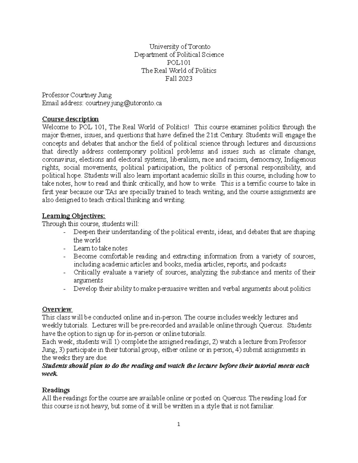 POL101 Syllabus Fall 2023 - University of Toronto Department of ...