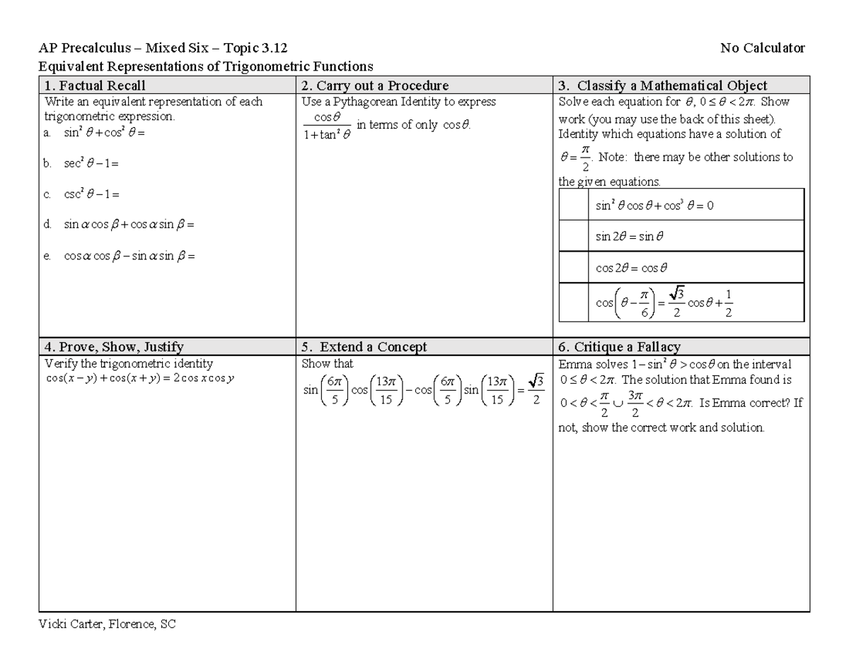 AP Precalculus Final Exam: Equivalent Representations of Trig Functions ...
