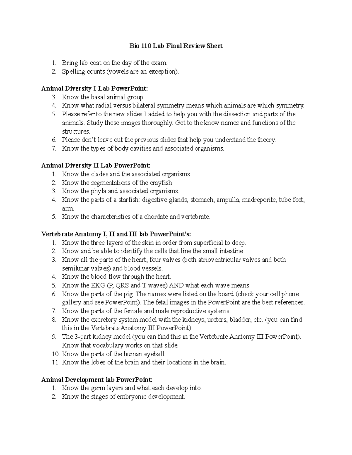Bio 110 Lab Final Review Sheet 1 - Bio 110 Lab Final Review Sheet Bring ...