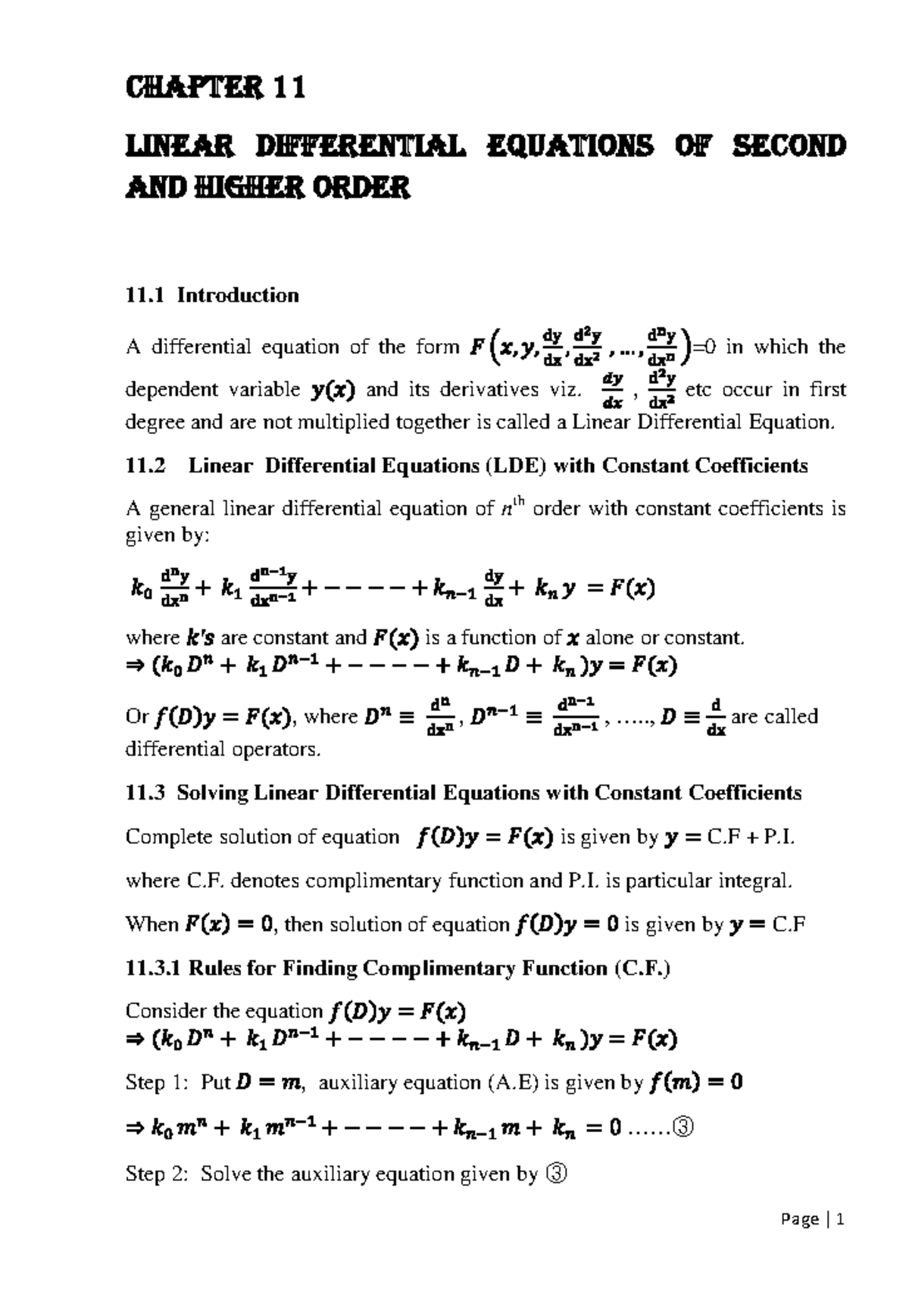 Higher Order Linear Differential Equation - Chapter 11 Linear ...