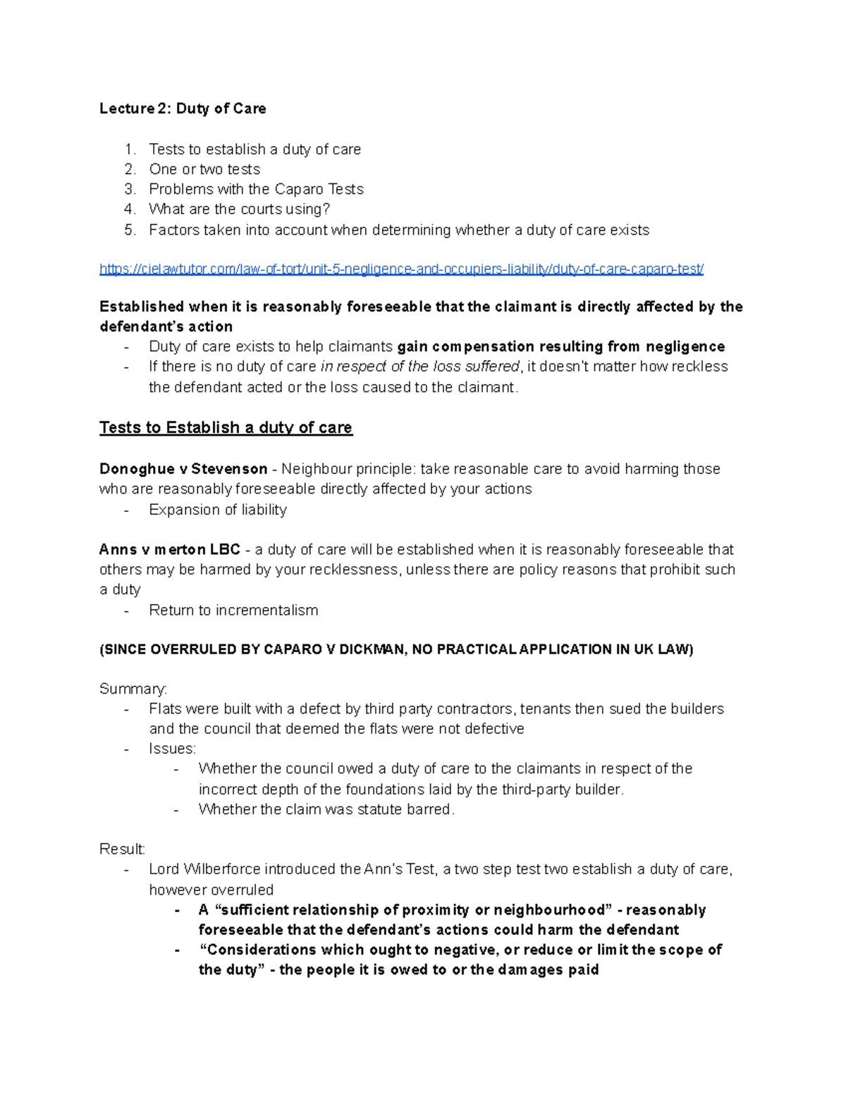 Tort Law - Introduction to Duty of Care - LAW1051 - Durham - Studocu