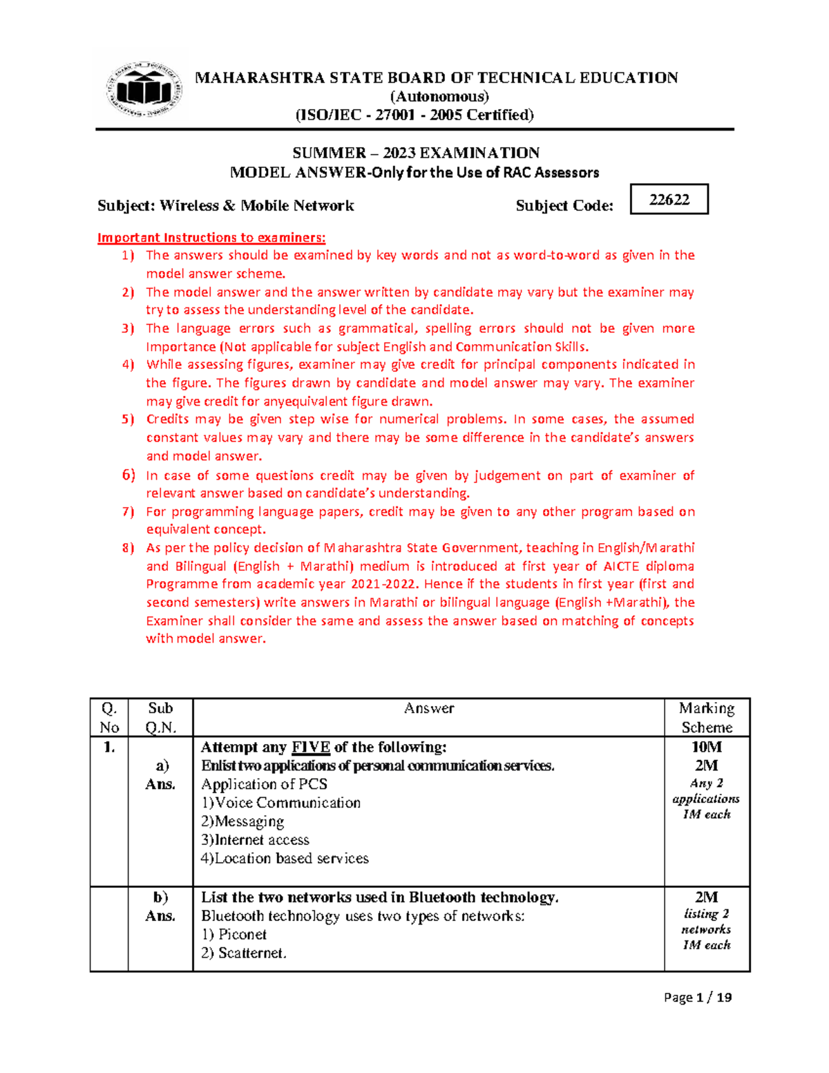 Wireless Mobile Network Model Exam - Summer 2023 (Subject Code: 22622 ...
