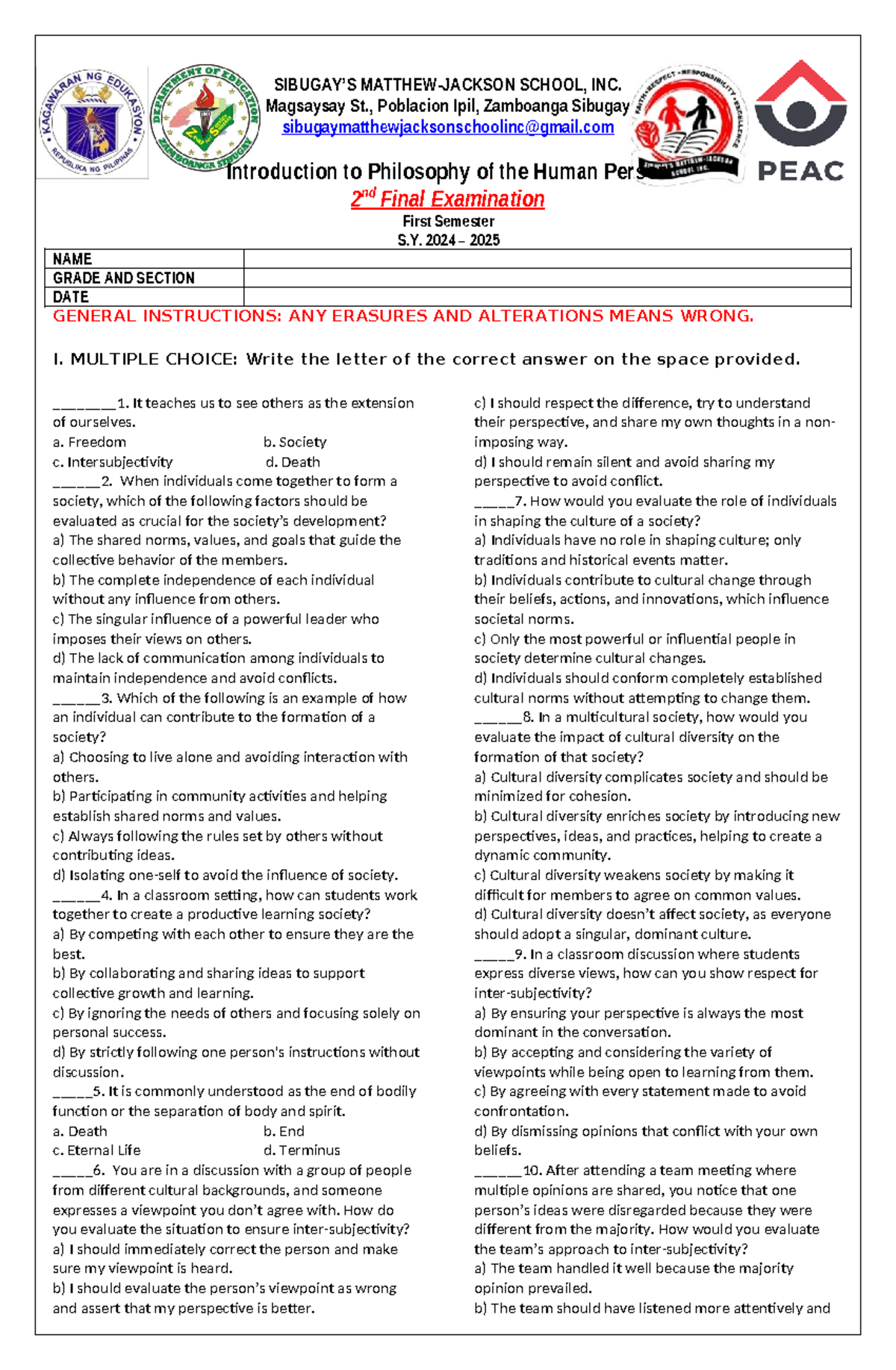 Philosophy - 2ND Final - exam - SIBUGAY’S MATTHEW-JACKSON SCHOOL, INC ...