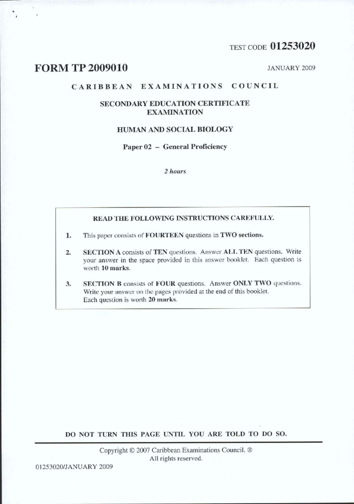 CSEC HSB 01253/2009 Human & Social Biology Paper 02 Exam Guide - Studocu