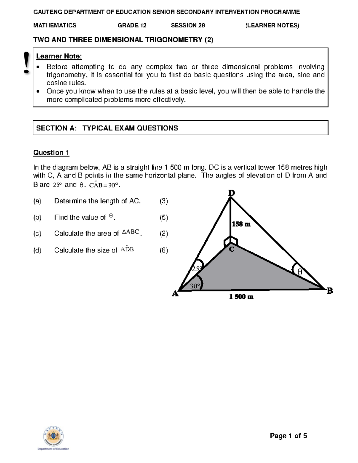 Maths Grade 12: 2D & 3D Trigonometry Learner Notes (Session 28) - Studocu