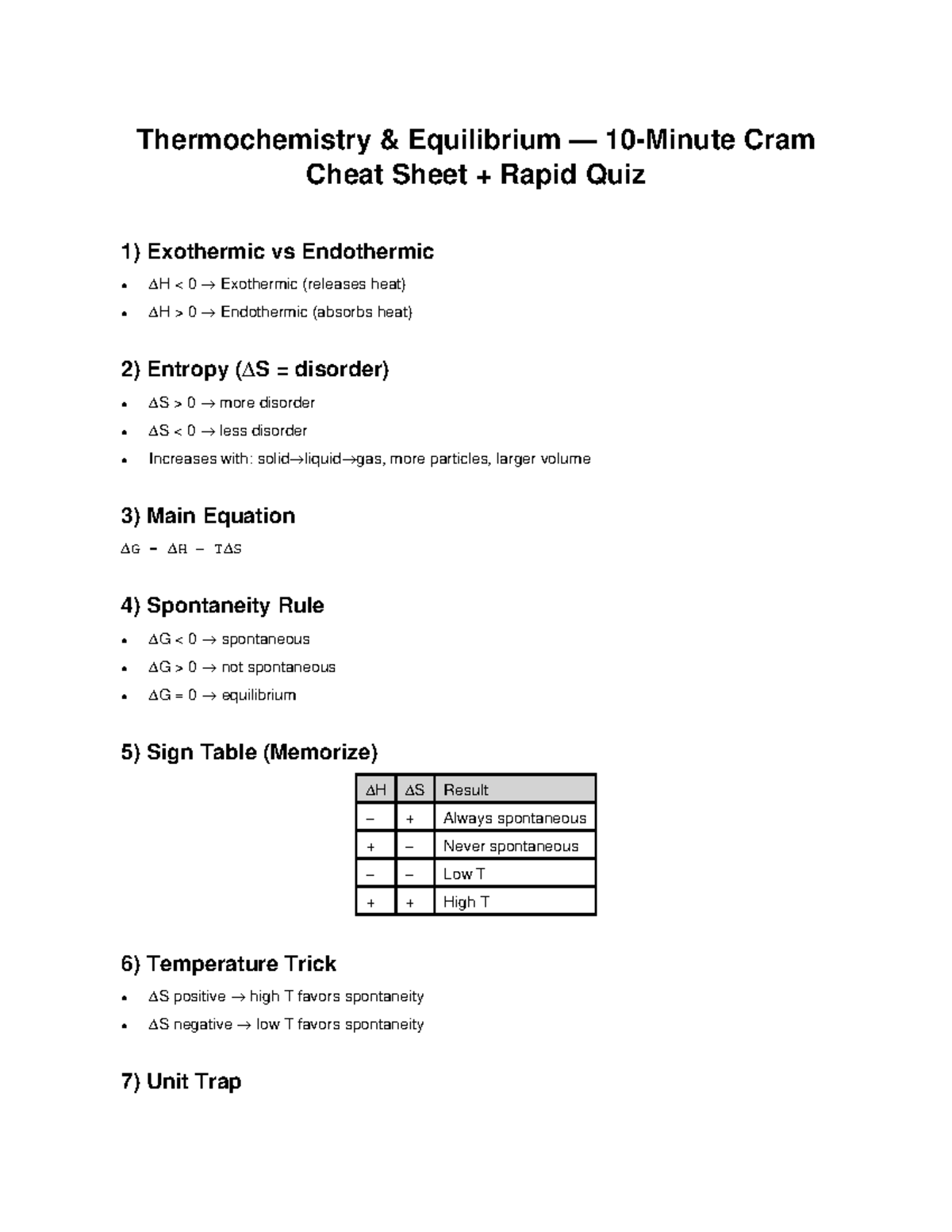 Thermo 101: Equilibrium Cheat Sheet & Rapid Quiz - Studocu