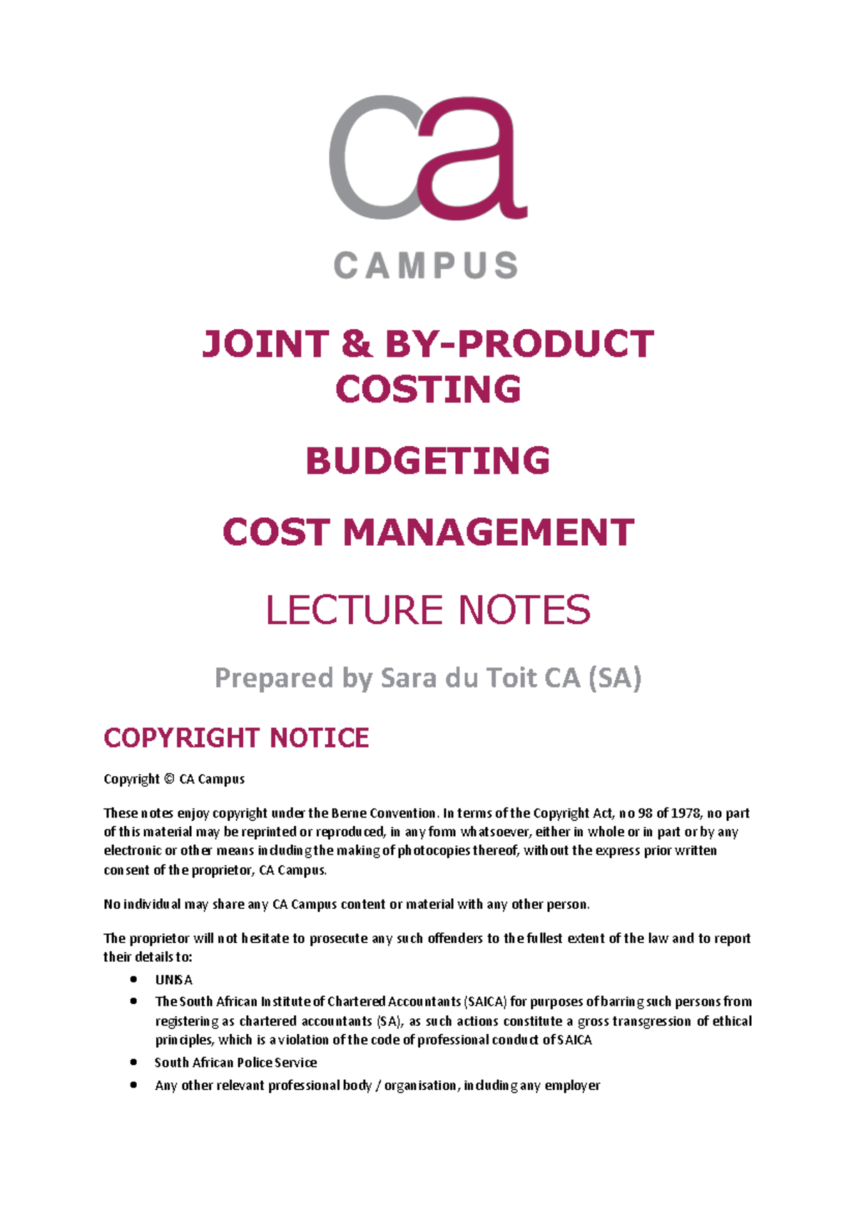 COST MGMT 101: Joint Costing & Budgeting Lecture Notes - Studocu