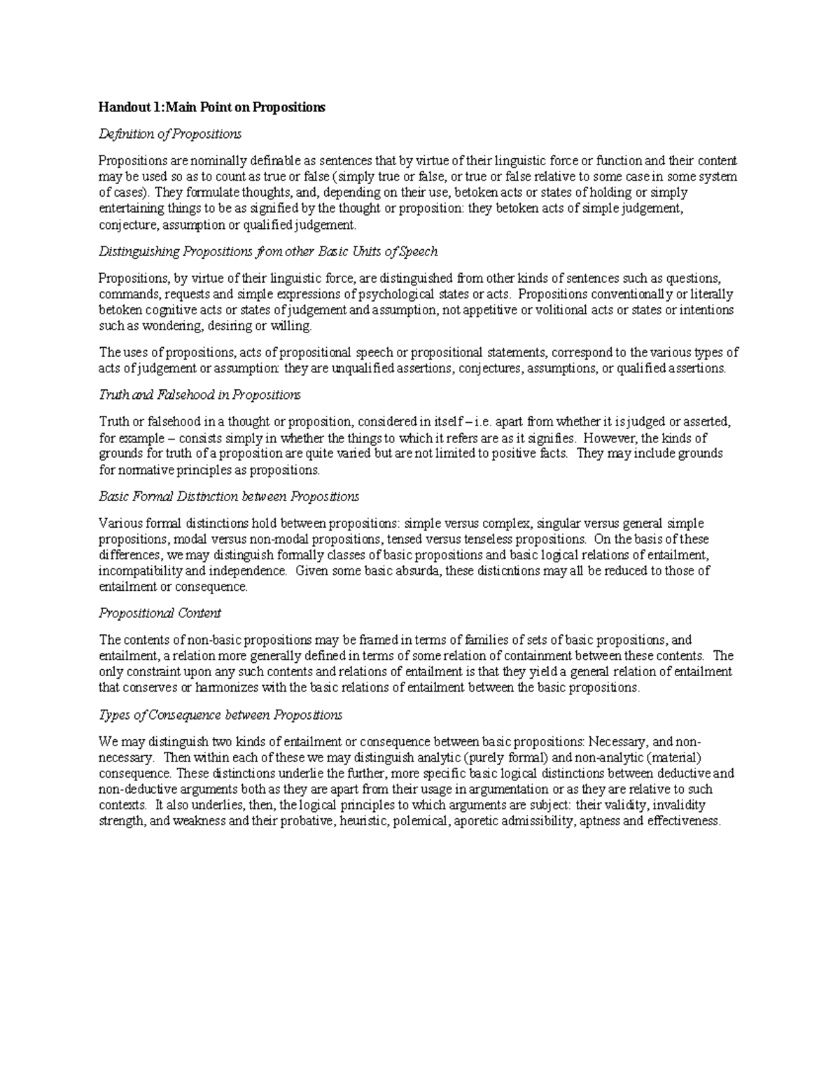 Handout 1: Key Concepts in Propositions and Their Definitions - Studocu