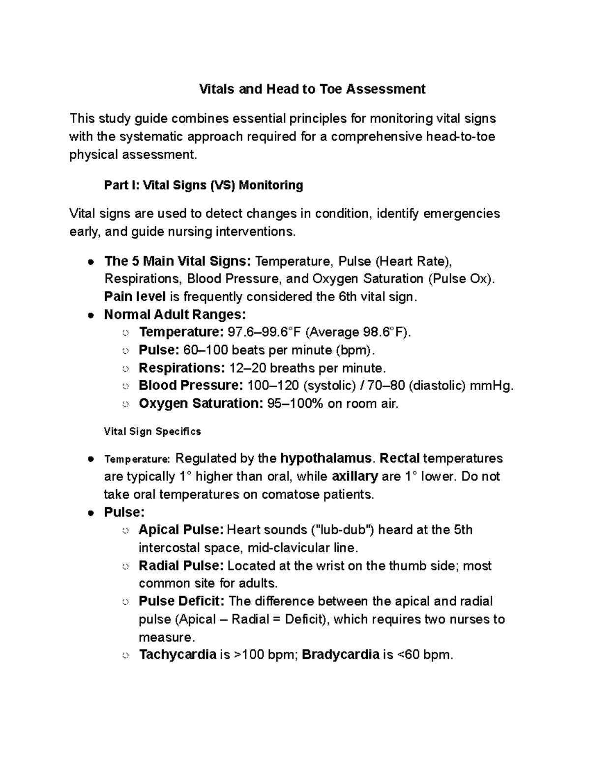 Vitals & Head-to-Toe Assessment Study Guide - Studocu