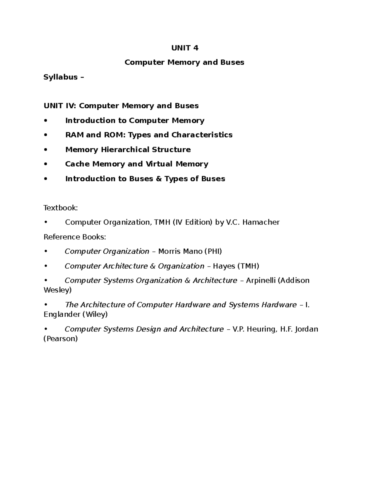 UNIT IV: Computer Memory and Buses Overview and Key Concepts - Studocu