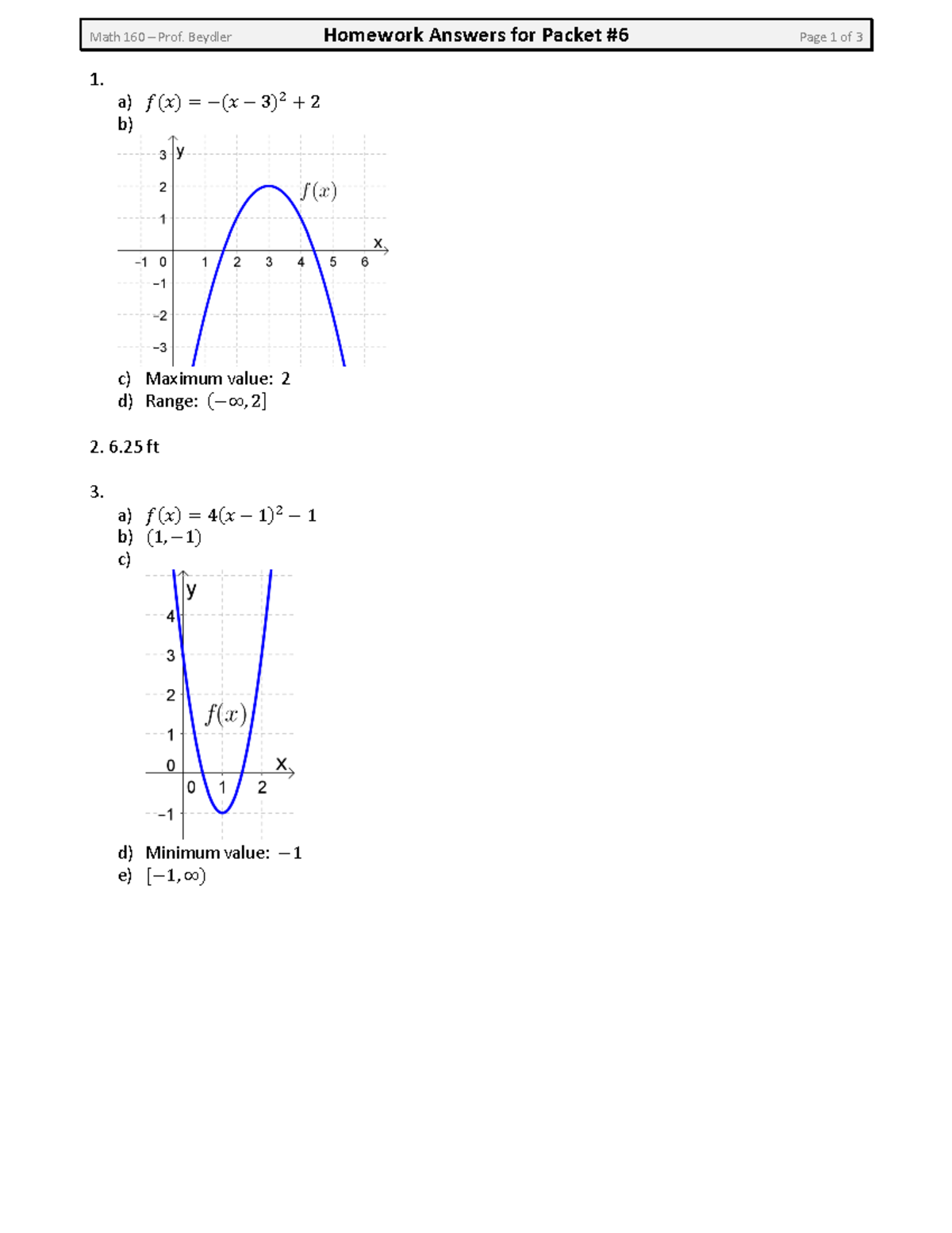 Math 160 Homework Answers Key for Packet #6 by Prof. Beydler - Studocu