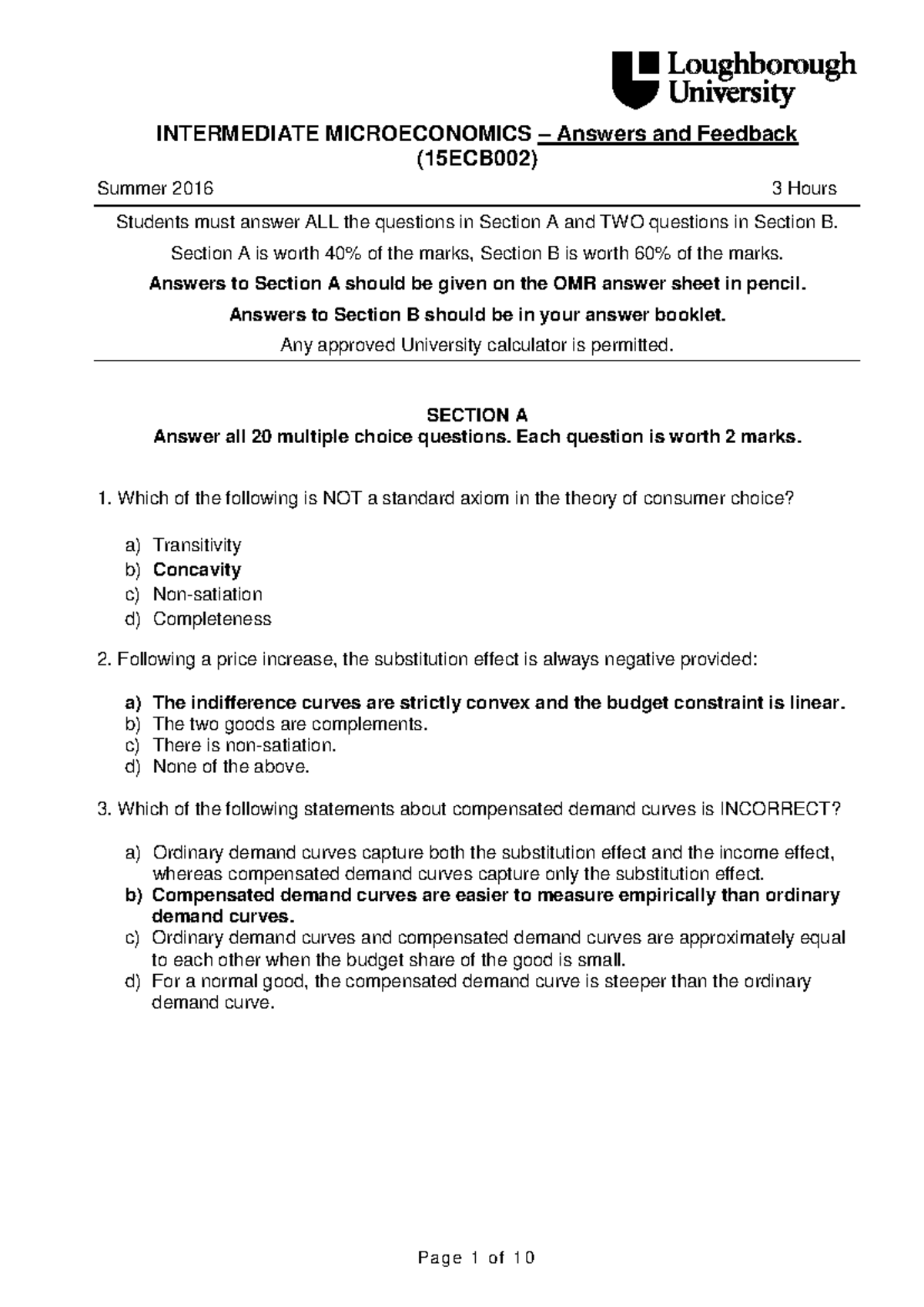 Exam 2016, answers - INTERMEDIATE MICROECONOMICS – Answers and Feedback ...