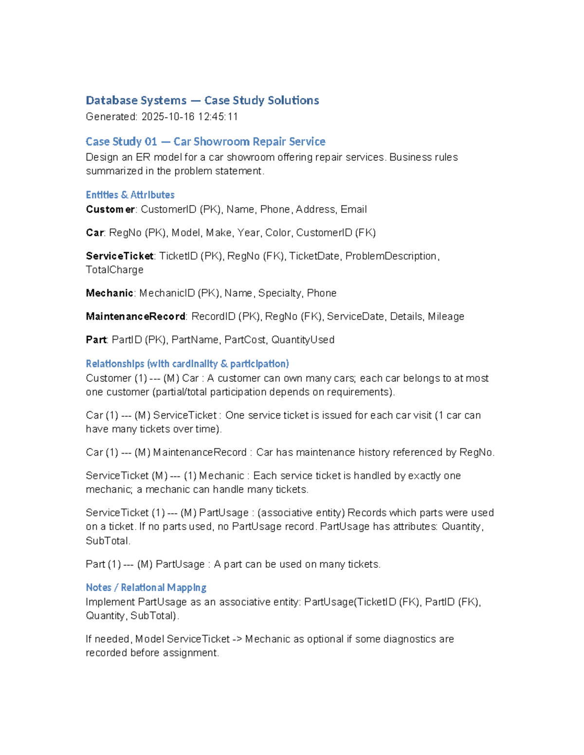 DB Case Studies Solutions (CS01-04) with ER Models and Mappings - Studocu