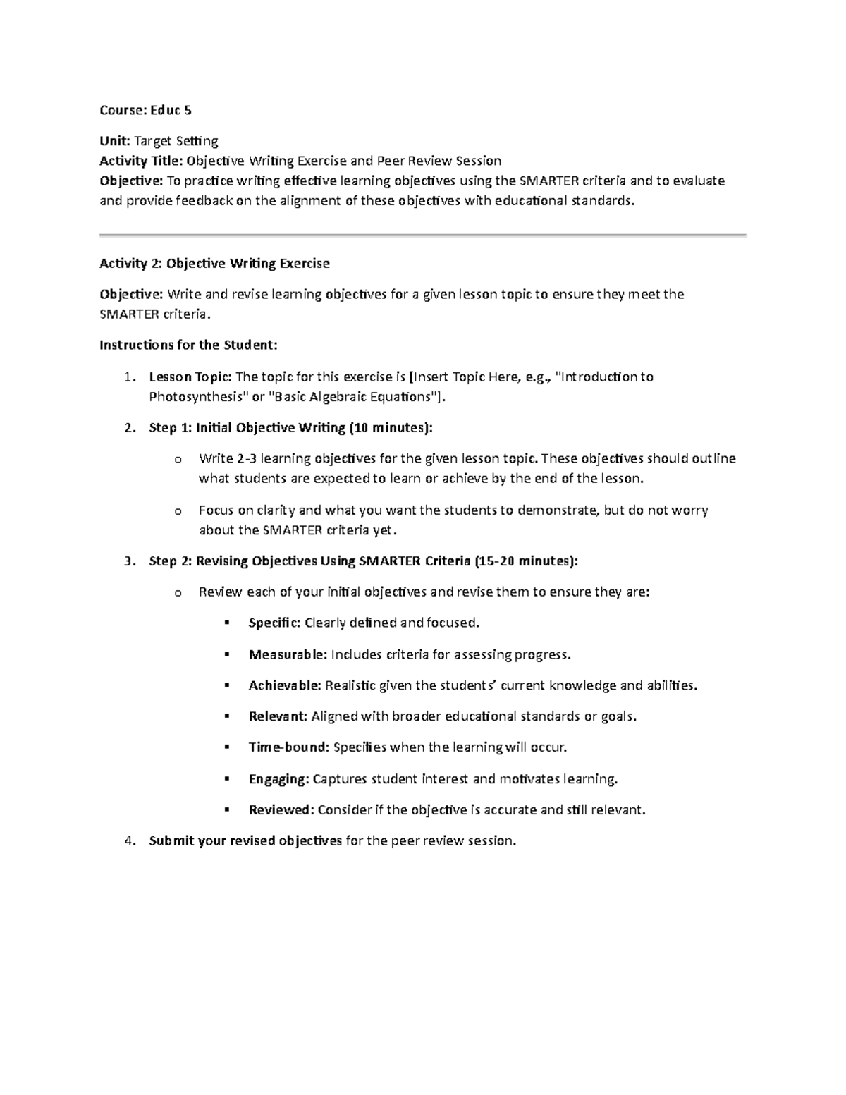 Educ 5 Unit 2 Activity 2: Objective Writing & Peer Review Guide - Studocu