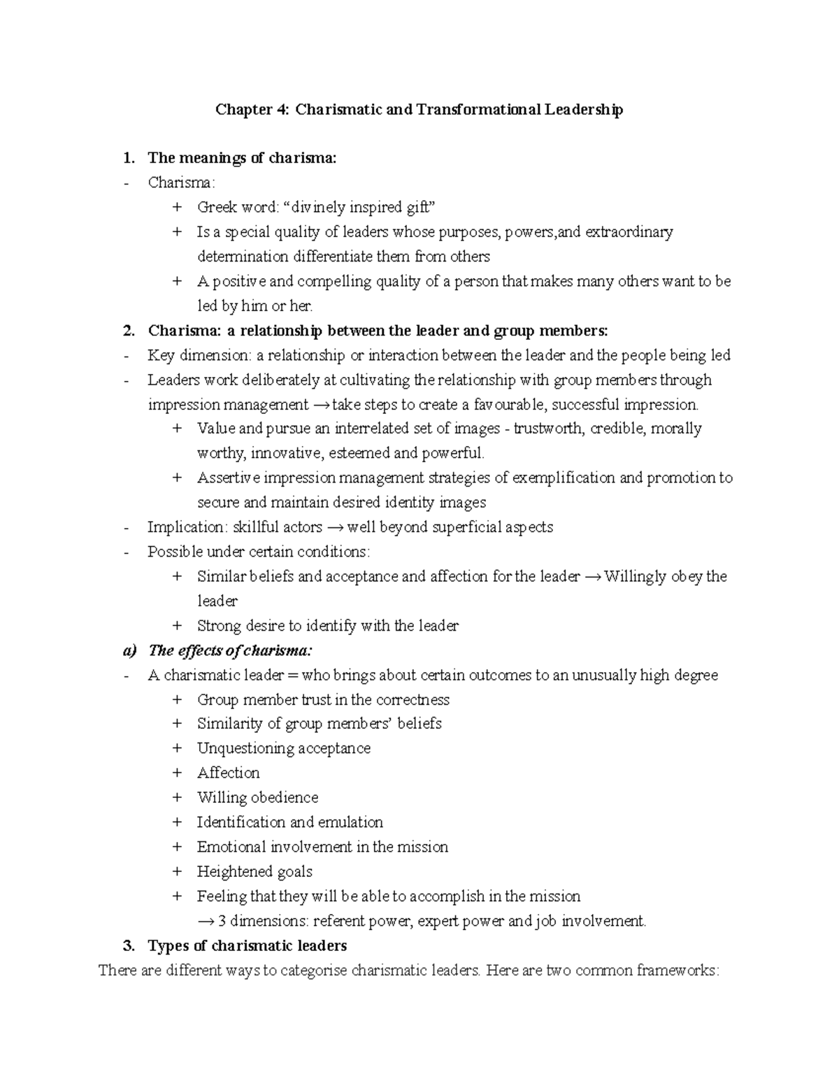 Chapter 4 - Summary of Charismatic & Transformational Leadership - Studocu
