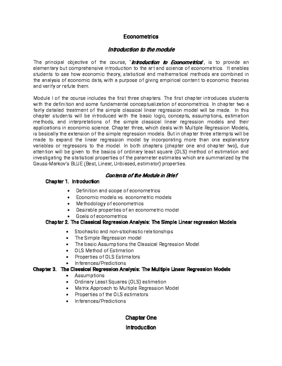 Econometrics Chapter one - Econometrics Introduction to the module The ...