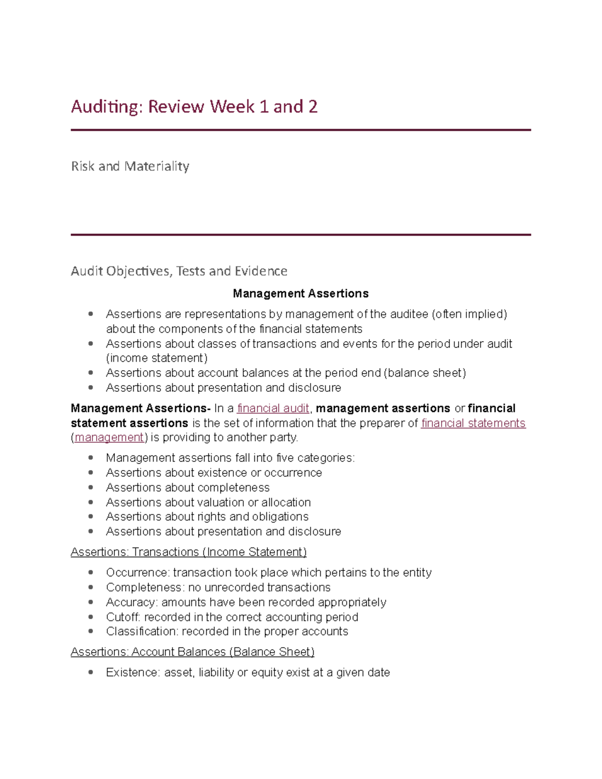 Audit Concepts: Management Assertions & Procedures - Chapters 1-2 - Studocu