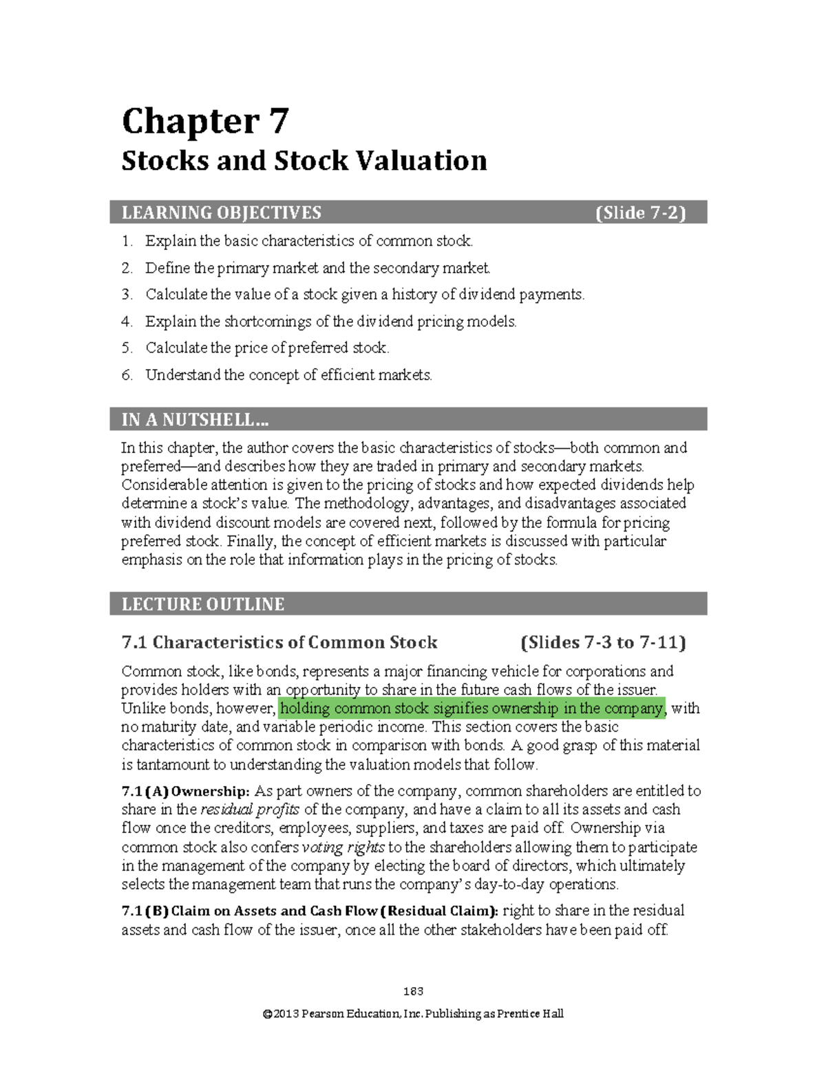 Chapter 07 - Stocks and Stock Valuation - Chapter 7 Stocks and Stock ...