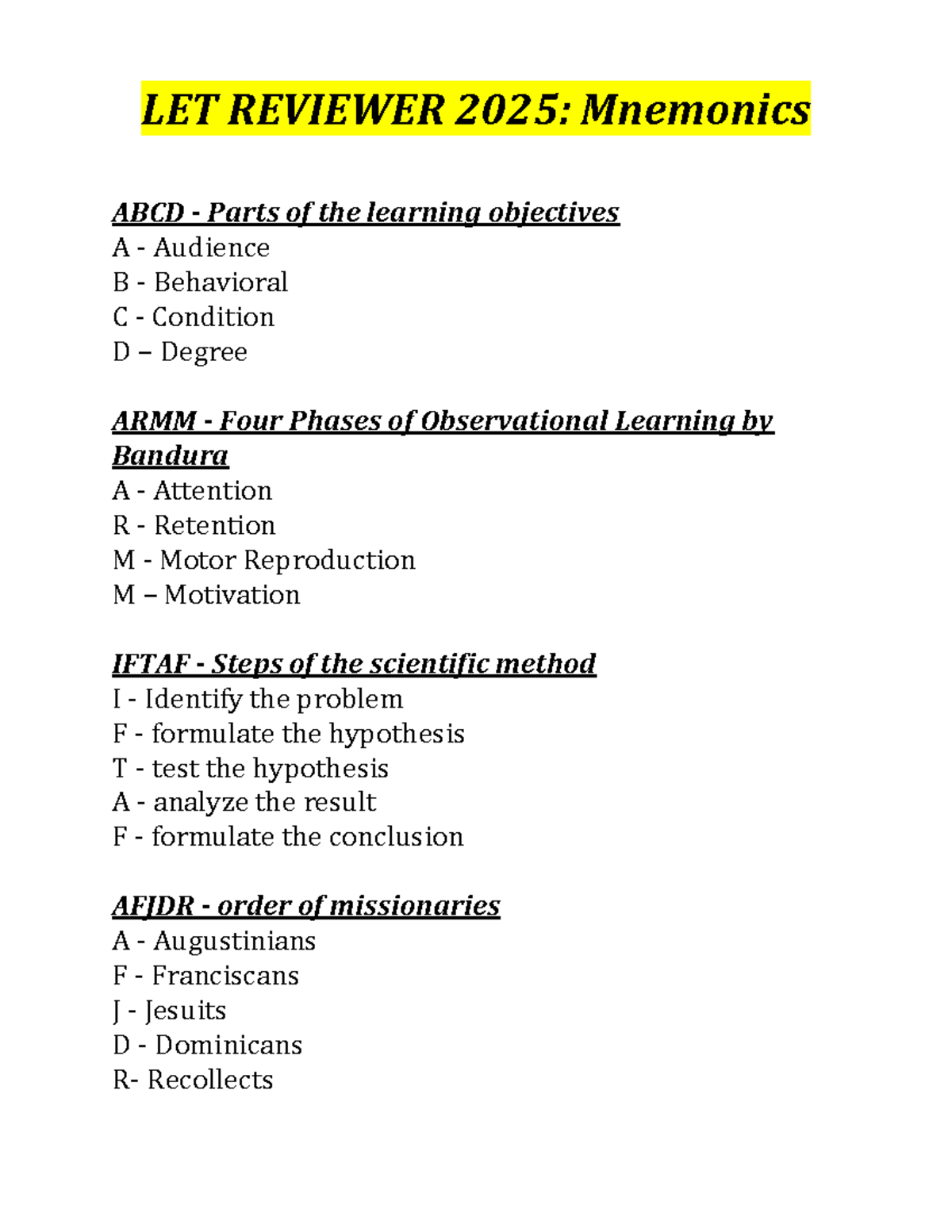LET REVIEWER 2025: Mnemonics for Learning Objectives and Concepts - Studocu