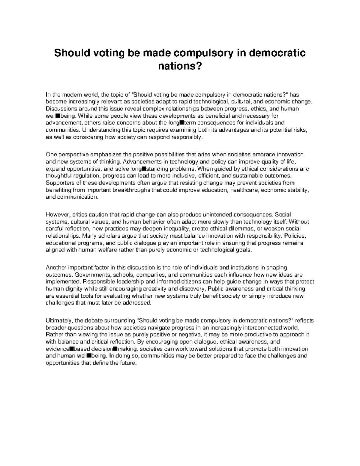 Compulsory Voting in Democracies: Balancing Progress and Ethics - Essay ...