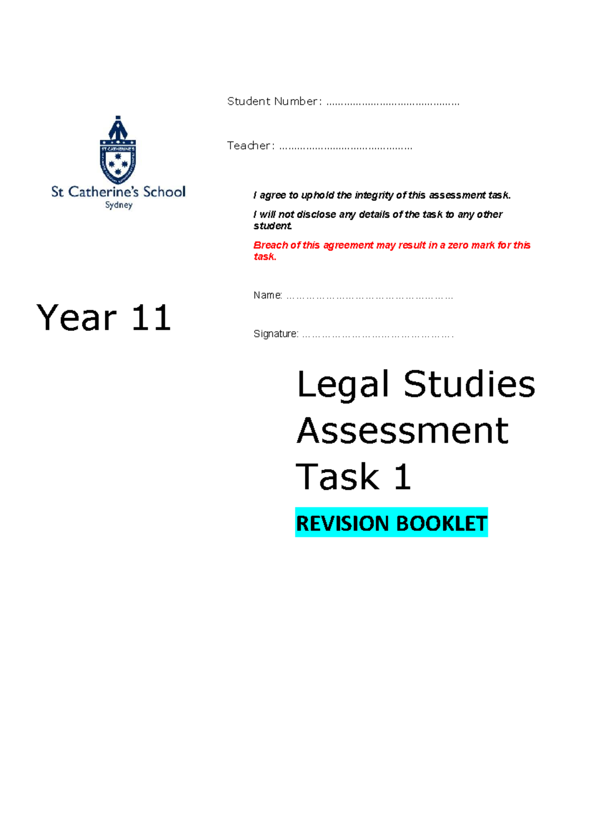 11 Legal Studies Assessment Task 1 Revision Booklet - 2023 - Studocu