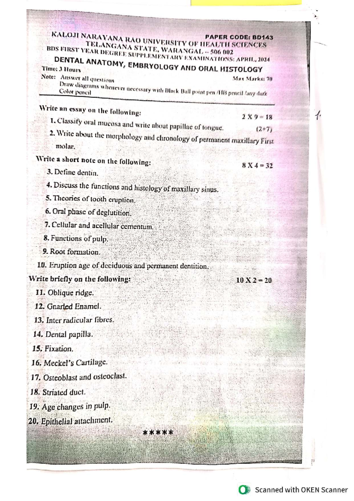 BDS 1st Year Exam: Dental Anatomy, Embryology & Oral Histology PYQs ...