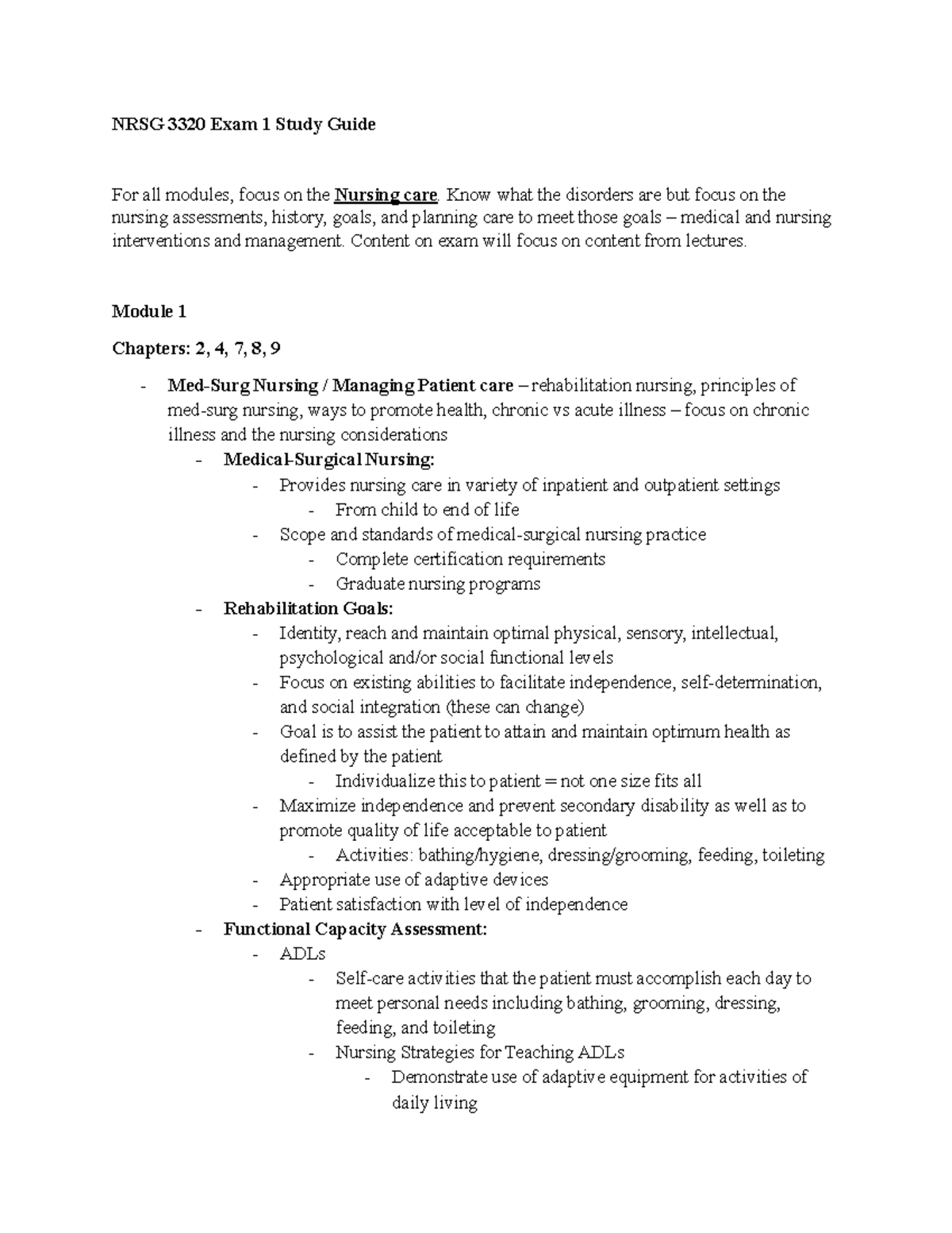 NRSG 3320 (Med Surg) Exam 1 Study Guide - NRSG 3320 Exam 1 Study Guide ...