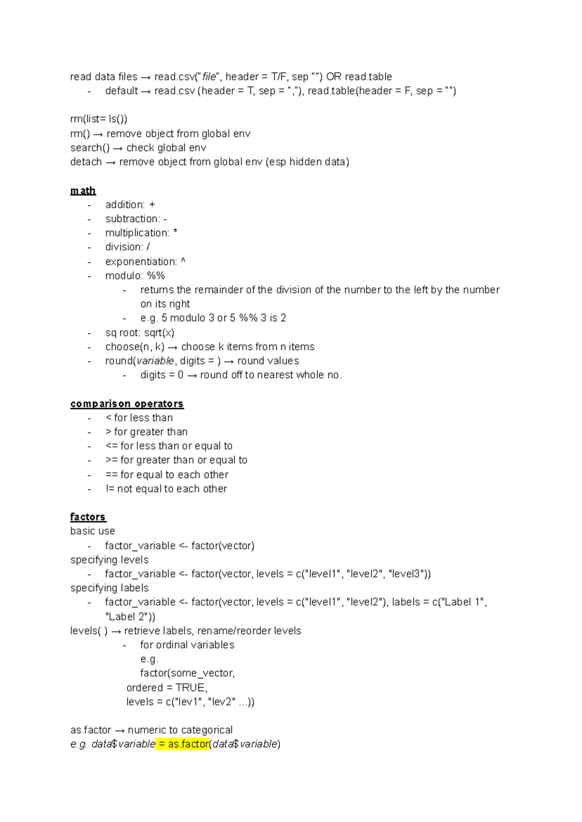 R Cheatsheet: Data Handling, Math Operations, and Statistical Tests ...