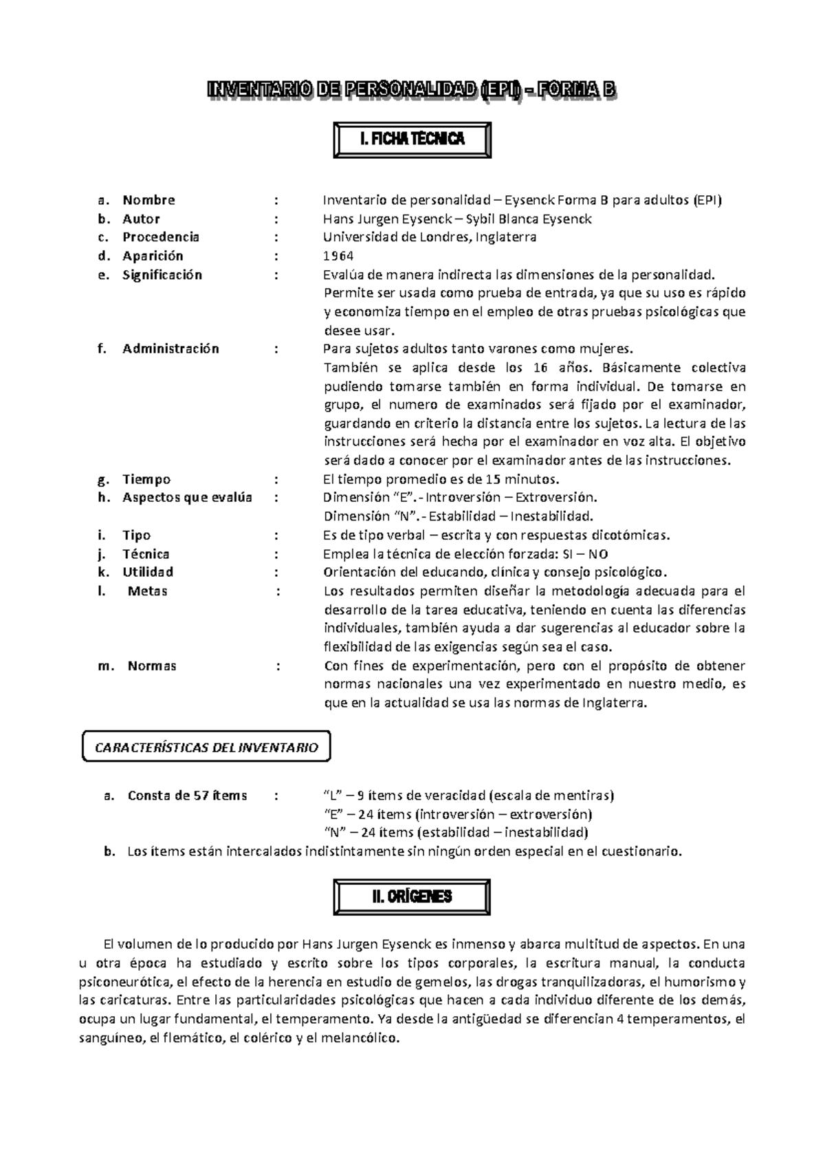 Manual de Eysenck sobre Inventario de Personalidad - Psicología EPI - Document Preview