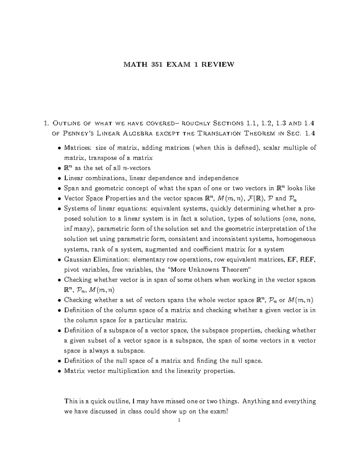 MATH 351 Midterm 1 Review: Key Concepts and Practice Questions - Studocu