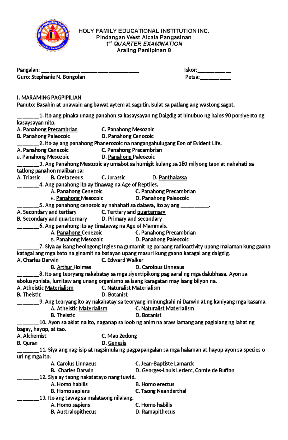 Araling Panlipunan 8 - 1st Quarter Exam Answer Key - Studocu