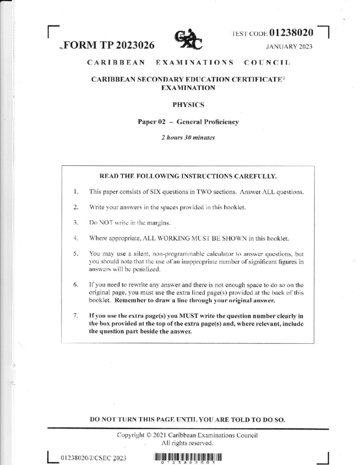 CSEC Physics Paper 02 General Proficiency 2023 Exam Guide - Studocu